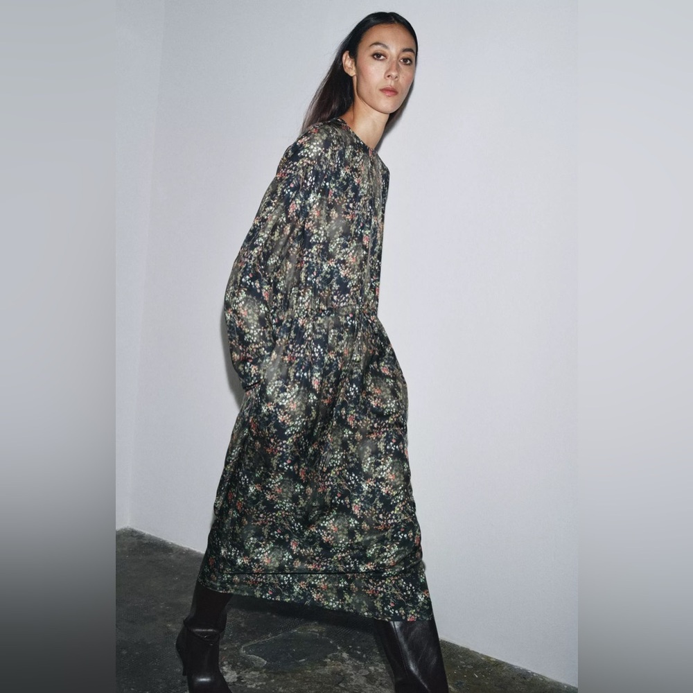 NWT Zara Chic Floral Long Sleeve Dress Midi/Maxi Side Pockets dress Size S